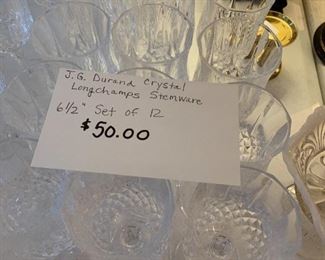 #116	J.G. Durand Crystal Longchamps Stemware set of 12 6.5"	 $50.00 
#117	J.G. Durand Crystal Longchamps Stemware set of 7 6.25"	 $35.00 
