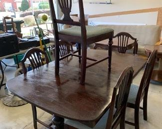 #128	Antique Double Pedistal Dining Table w/6 chairs (1 captains chair)  (as is top)  69x40x30	 $175.00 
