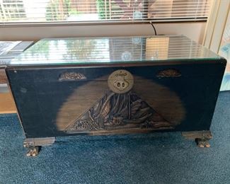 Carved Japanese Trunk with Glass Top 