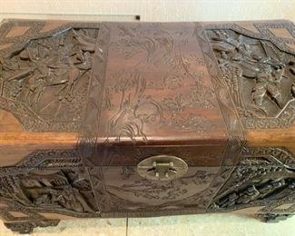 Carved Japanese Trunk with Glass Top 