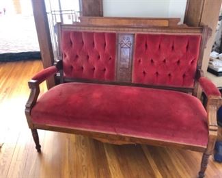 Antique red velvet chaise, loveseat 