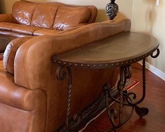 Pleather Rolled Arm Sofa, Loveseat, Chair and Ottoman, Coffee Table, End Tables and Sofa Table w Nailhead Accent, Area Rug, Table Lamps