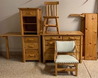 Vintage Knotty Pine Child's Bedroom Set: Dresser, Nightstand, Desk, Desk Chair, Reading Chair, Bed Frame