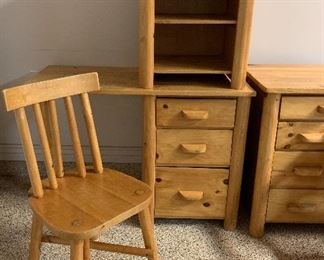 Vintage Knotty Pine Child's Bedroom Set: Dresser, Nightstand, Desk, Desk Chair, Reading Chair, Bed Frame