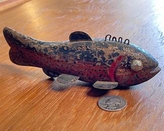 Antique Wood Fish Decoy red grey spotted Folk Art	6in	
