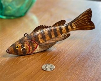 Antique Wood Fish DecoyOrange/Brown Stripe Folk Art	8in Long	
