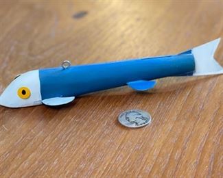 Antique Wood Fish Decoy Blue White Folk Art	7in long	
