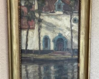 *Original* Art Antique Painting Church Building	Frame: 18x14in	
