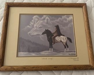 *Signed* Marguerite Fields Black Wolf 29/300  Framed Naive American Art 12x15
