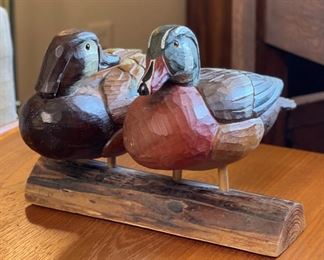 Hand Carved Ducks on Log Unsigned	9x11x12in	HxWxD
