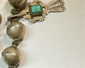 Antique Navajo 1st Phase Squash Blossom Turquoise Silver Necklace Pawn Jewelry