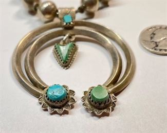 Antique Navajo 1st Phase Squash Blossom Turquoise Silver Necklace Pawn Jewelry