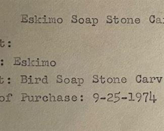 Vintage Inuit Eskimo Soapstone Carving Bird	4x3x9.75	HxWxD