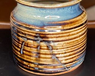 Artist Made Stoneware Studio Pottery Drip Glaze Ribbed Vase	5.25in H x 5.35in Diameter at Widest	
