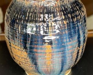 Artist Made Stoneware Studio Pottery Drip Glaze Ribbed Vase	7in H x 6.25in Diameter at widest	
