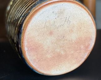 Artist Made Stoneware Studio Pottery Drip Glaze Ribbed Vase	5.25in H x 5.35in Diameter at Widest	
