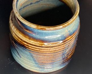 Artist Made Stoneware Studio Pottery Drip Glaze Ribbed Vase	5.25in H x 5.35in Diameter at Widest	
