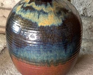 Lg  Stoneware Studio Pottery Glaze Ribbed Vase	14in H x 10in Diameter	
