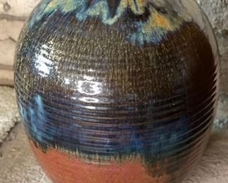 Lg  Stoneware Studio Pottery Glaze Ribbed Vase	14in H x 10in Diameter	
