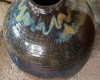 Lg  Stoneware Studio Pottery Glaze Ribbed Vase	14in H x 10in Diameter	
