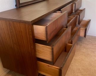 MCM 9-Drawer Walnut parquet Dresser w/ Mirror	30x60x18.5in	HxWxD
