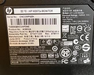 HP 20in W2072a Computer Monitor	14.5x19x7in	HxWxD

