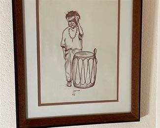 John D. Garcia Native American Boy w/ Drum Framed Print Santa Clara, New Mexico Pueblo artist	16x14in	