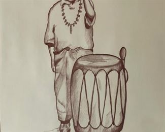 John D. Garcia Native American Boy w/ Drum Framed Print Santa Clara, New Mexico Pueblo artist	16x14in	