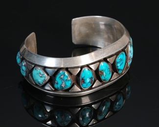 Jimmy Herald Navajo Hopi Silver Overlay & Turquoise Cuff Bracelet Native American Jimmie	6.5in	
