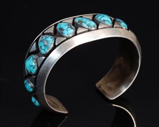 Jimmy Herald Navajo Hopi Silver Overlay & Turquoise Cuff Bracelet Native American Jimmie	6.5in	
