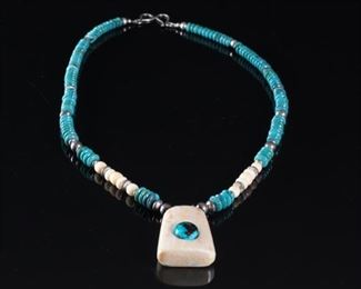 Inuit Whale Bone & Turquoise Necklace Pendant Eskimo Native American	26.5in long	
