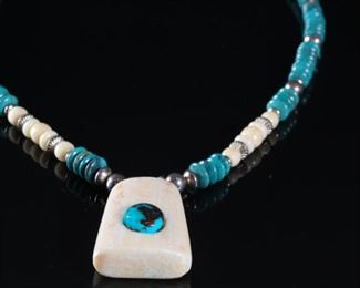 Inuit Whale Bone & Turquoise Necklace Pendant Eskimo Native American	26.5in long	
