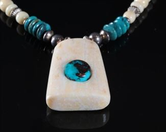 Inuit Whale Bone & Turquoise Necklace Pendant Eskimo Native American	26.5in long	
