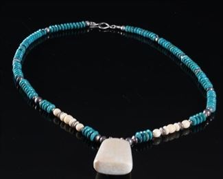 Inuit Whale Bone & Turquoise Necklace Pendant Eskimo Native American	26.5in long	
