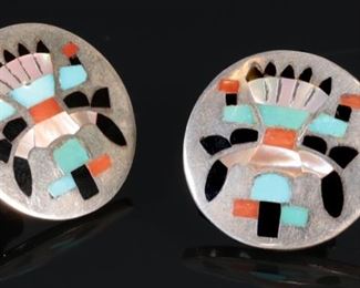 Zuni Inlay Rainbow Dancer Clip-on Earrings Native American	7/8in diameter	
