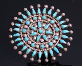 Zuni Silver & Turquoise Petit Point Pendant Brooch Pin	47mm Diameter	
