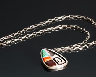 Hopi Duane Maktima Multi Stone Inlay Pendant Necklace Native American	39x28mm 23in Long	
