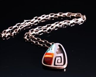 Hopi Duane Maktima Multi Stone Inlay Pendant Necklace Native American	39x28mm 23in Long	
