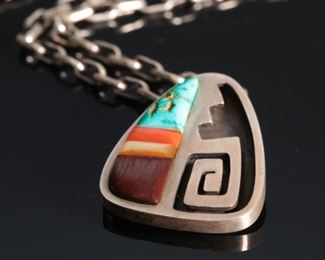 Hopi Duane Maktima Multi Stone Inlay Pendant Necklace Native American	39x28mm 23in Long	
