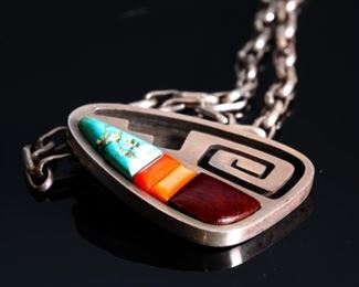 Hopi Duane Maktima Multi Stone Inlay Pendant Necklace Native American	39x28mm 23in Long	
