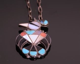 Zuni Multi Stone Inlay Bird Pendant Necklace Native American Silver	36x24mm  18in Long	
