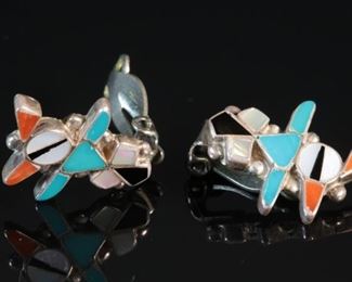 Zuni Multi Stone Inlay Bird Clip-On Earrings  Native American Silver	20x15mm	

