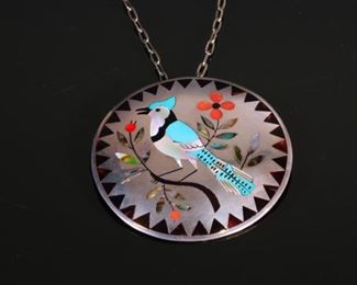 Zuni Dennis & Nancy Edaakie Multi Ston Inlay Blue Jay Brooch Pendant pin Native American	58mm Diameter  24in Long	

