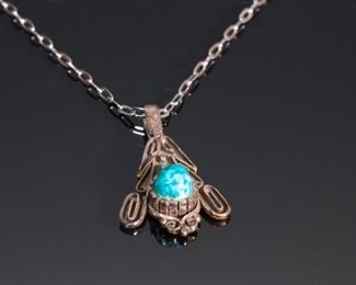 Navajo Leo Lee Yazzie Silver & Turquoise Pendant Necklace	49x26mm 18in Long	
