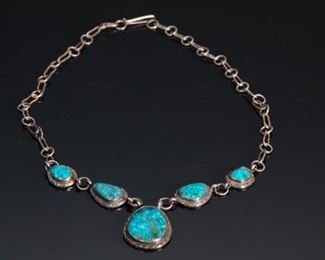 Navajo Turquoise & Silver Necklace Pendant Native American	Lg Stone: 30x24mm 20in Long	
