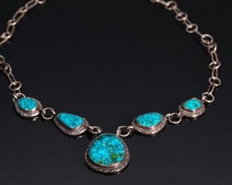 Navajo Turquoise & Silver Necklace Pendant Native American	Lg Stone: 30x24mm 20in Long	
