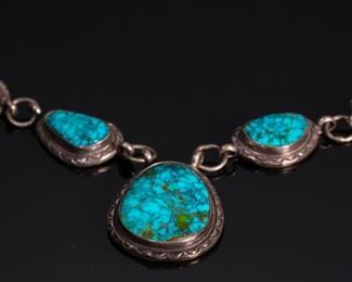 Navajo Turquoise & Silver Necklace Pendant Native American	Lg Stone: 30x24mm 20in Long	

