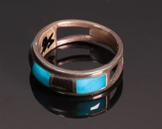 PS  Navajo Turquoise, JET & Silver Ring Native American	SZ: 9.75	
