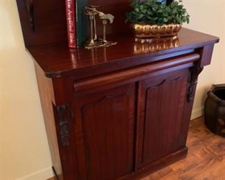 12- $275 - Antique small mahogany cabinet 35”L x 15”D x 44 ½”T 	
