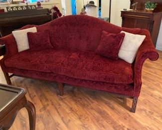 14- $375 - George III Style red velvet sofa with down bottom & throw pillows made of feather & down 							